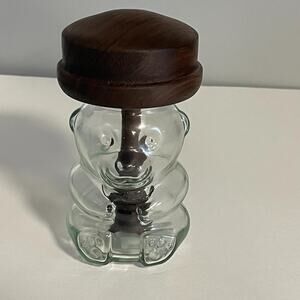 Honey Bear Jar - Walnut Wood and Glass - Handturned Lid and Dipper